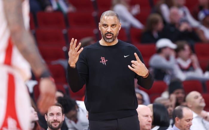 Rockets head coach Ime Udoka reacts during the second quarter against the New Orleans Pelicans at Toyota Center.